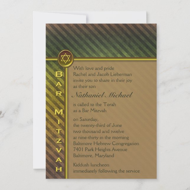Invitation Carton d'invitation de Bar Mitzvah rayé vert olive (Devant)