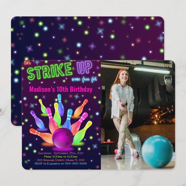 Invitation Carton d'invitation de bowling photo modifiable (Devant / Derrière)