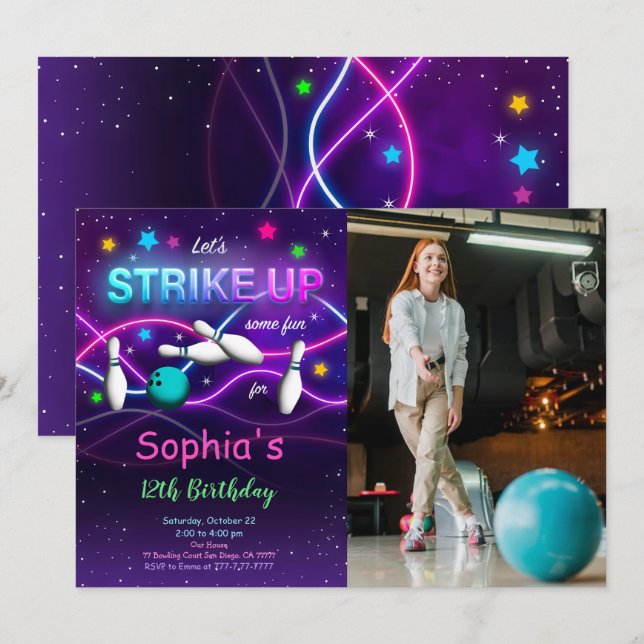 Invitation Carton d'invitation de bowling photo modifiable (Devant / Derrière)
