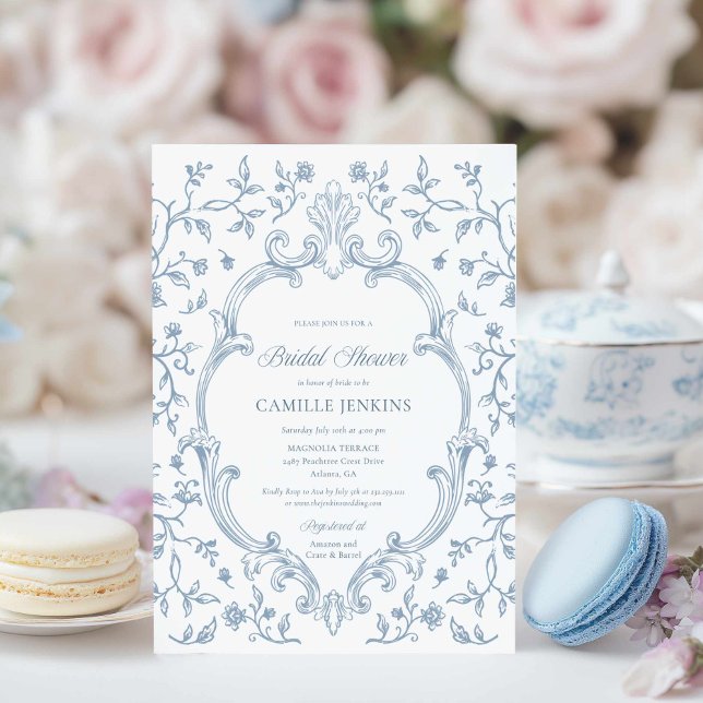 Invitation Carton d'invitation de douche de mariage élégant b (Classic Blue Crest and Toile Bridal Shower Invitation)