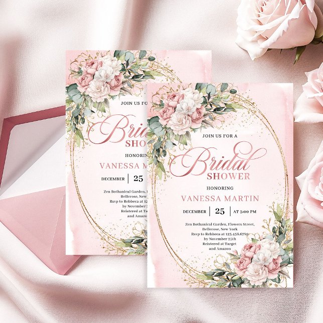 Invitation Carton d'invitation de douche de mariée Chic Dusty (Chic Dusty Pink Greenery Bridal Shower Invitation)