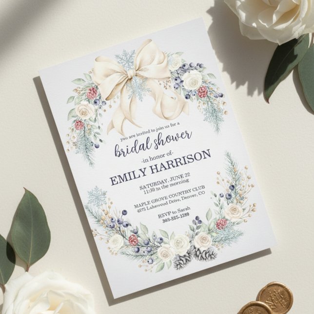 Invitation Carton d'invitation de douche de mariée d'hiver Cr (blush blue winter flowers)