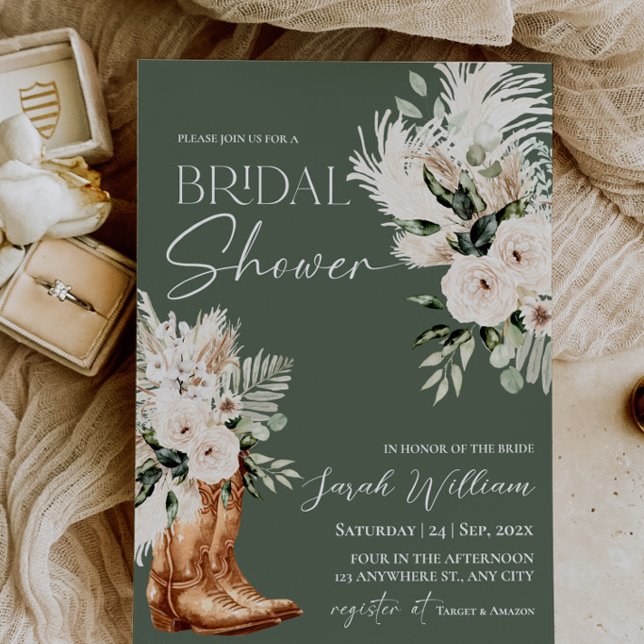Invitation Carton d'invitation de douche de mariée en bottes  (Sage Green Western Boho Boots Cowgirl Bridal Shower Invitation Card)