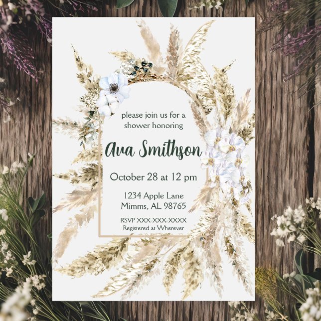 Invitation Carton d'invitation de douche Floral Pampas Grass (Créateur téléchargé)