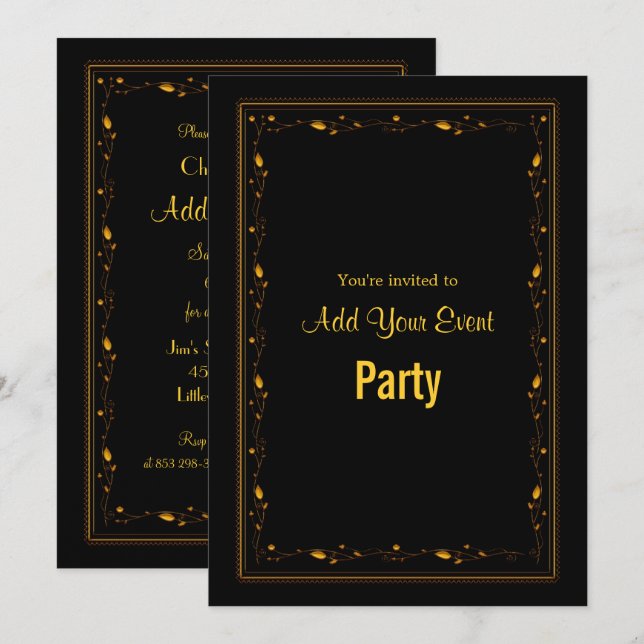 Invitation Carton d'invitation de fête à cadre orné noir et o (Devant / Derrière)