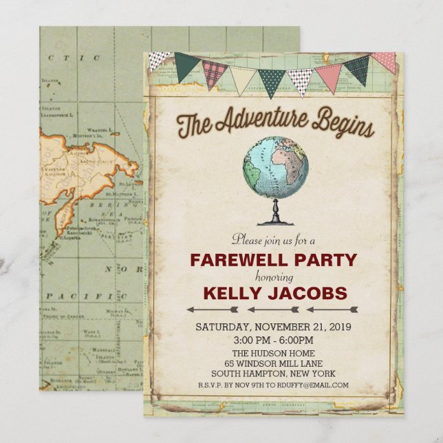 Invitation Carton d'invitation de fête d'adieu de voyage de g (Devant / Derrière)