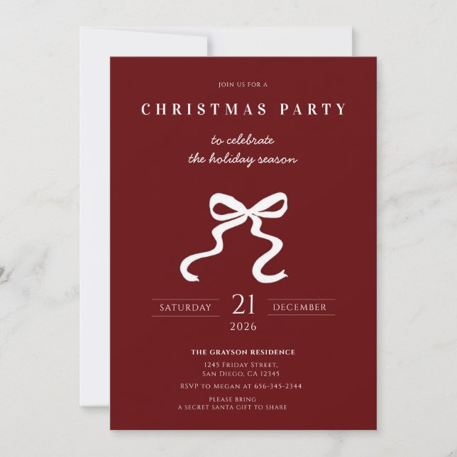 Invitation Carton d'invitation de fête de Noël avec un nœud é (Devant)