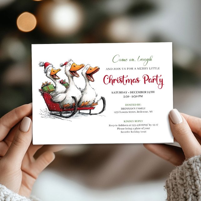 Invitation Carton d'invitation de fête de Noël de folles oies (Christmas Silly Geese Whimsy Cartoon Party Invitation)