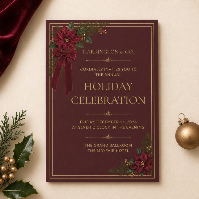 Invitation Carton d'invitation de fête de Noël d'entreprise B (Burgundy Gold Corporate Holiday Party Invitation)