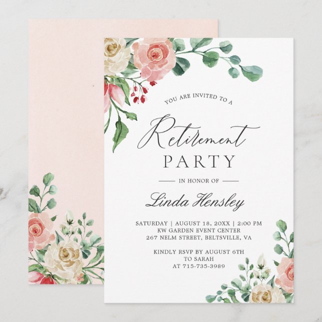 Invitation Carton d'invitation de fête de retraite Rose à l'a (Devant / Derrière)