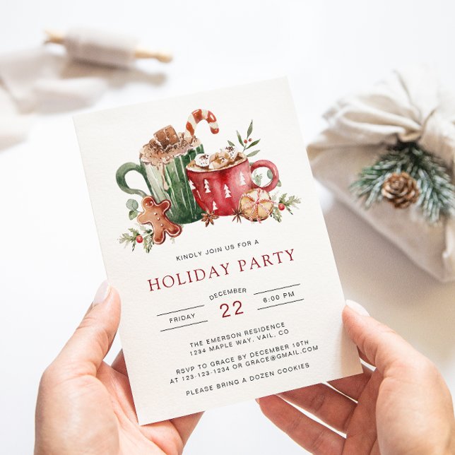 Invitation Carton d'invitation de fête de vacances à l'aquare (Festive Holiday Party Invitation | Watercolor Cookies, Cocoa & Greenery by Painted Paperie)