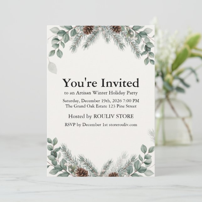 Invitation Carton d'invitation de fête de vacances botanique  (Debout devant)