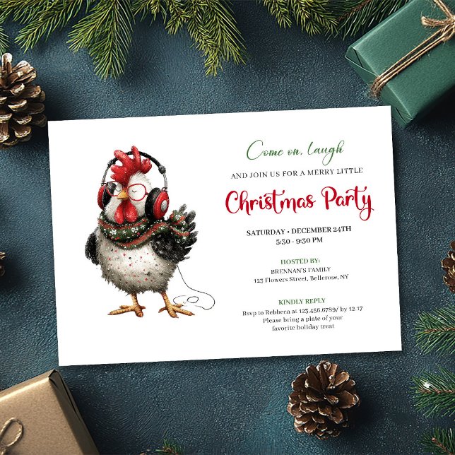 Invitation Carton d'invitation de fête de vacances Poules Cap (Quirky Chickens Red Green Holiday Party Invitation)