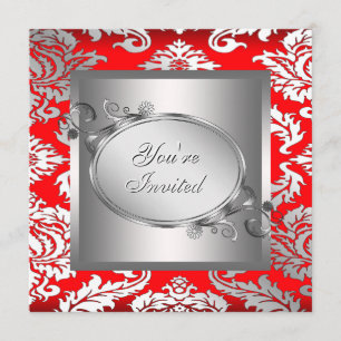 Invitation Carton d'invitation de fête en damas rouge argent