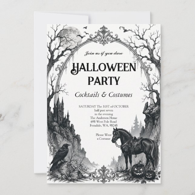 Invitation Carton d'invitation de fête Halloween corbeau goth (Devant)