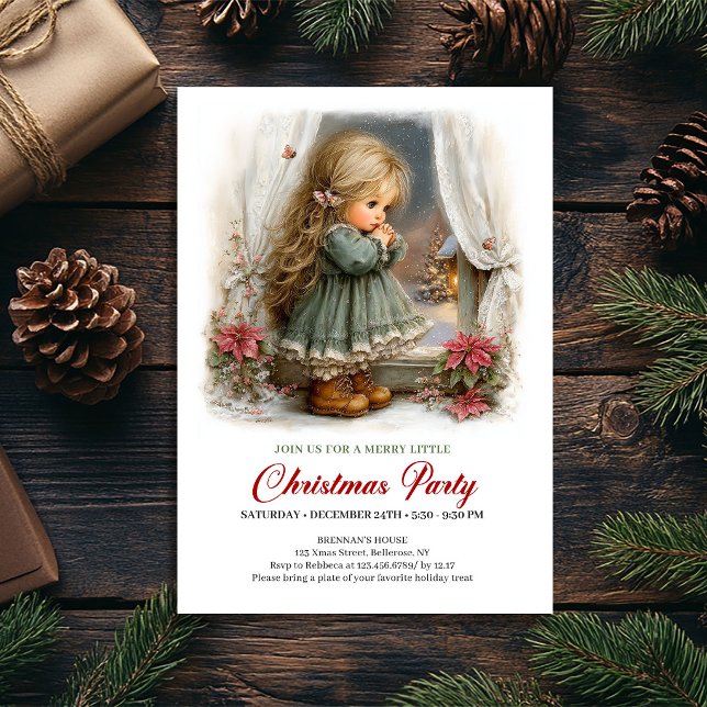 Invitation Carton d'invitation de fête saisonnière Fille mign (Seasonal Party Invitation Cute Girl Winter Scene Art)