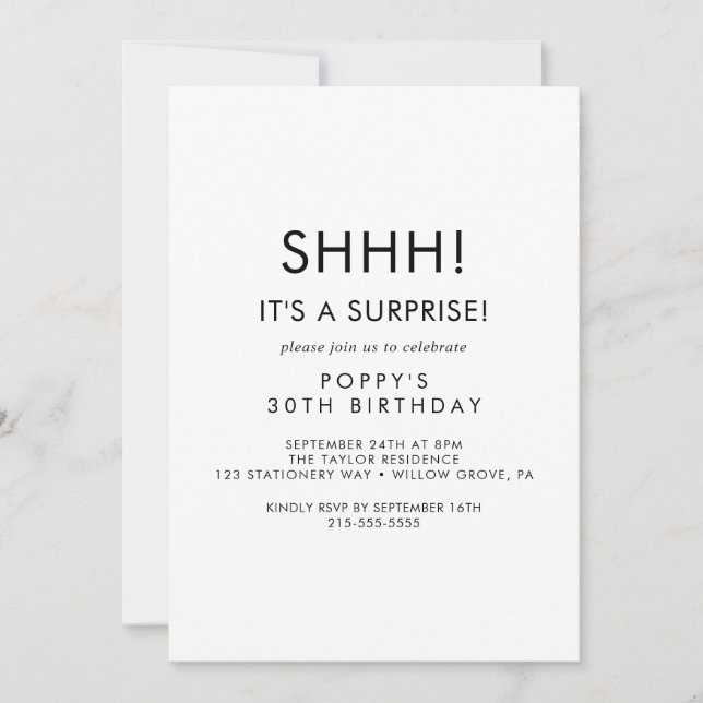 Invitation Carton d'invitation de fête surprise avec typograp (Devant)