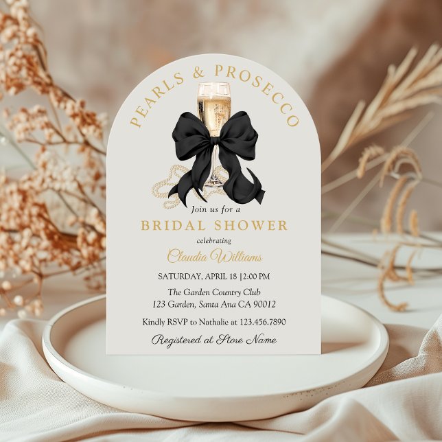 Invitation Carton d'invitation de fiançailles au Prosecco et  (Elegant Black Bow and Pearls Bridal Shower Invitation)