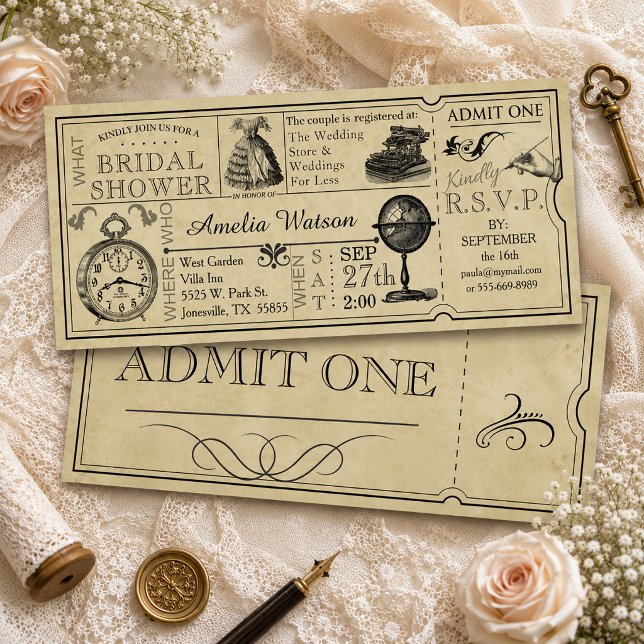 Invitation Carton d'invitation de fiançailles de style ancien (Vintage Ticket Bridal Shower Invitation)