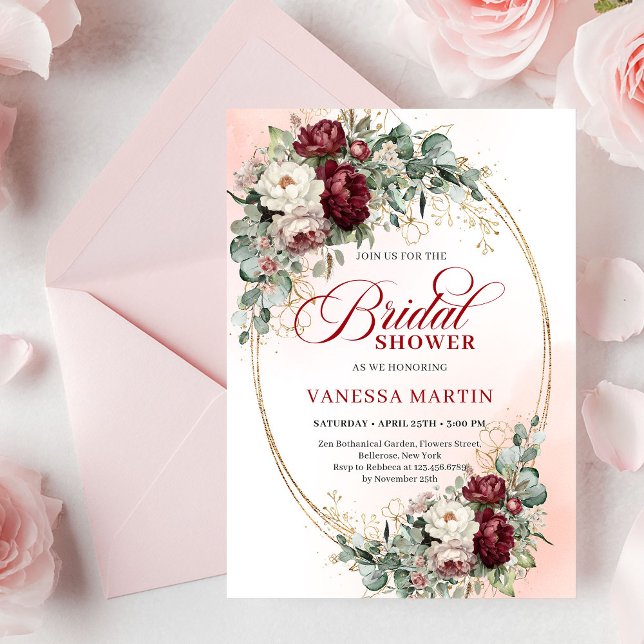 Invitation Carton d'invitation de fiançailles Fleurs blanches (Soft Burgundy White Florals Bridal Shower Invitation)