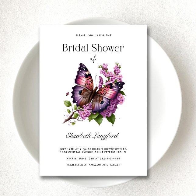 Invitation Carton d'invitation de fiançailles Fleurs de Papil (Customizable Purple Floral Butterfly Bridal Shower Invitation)