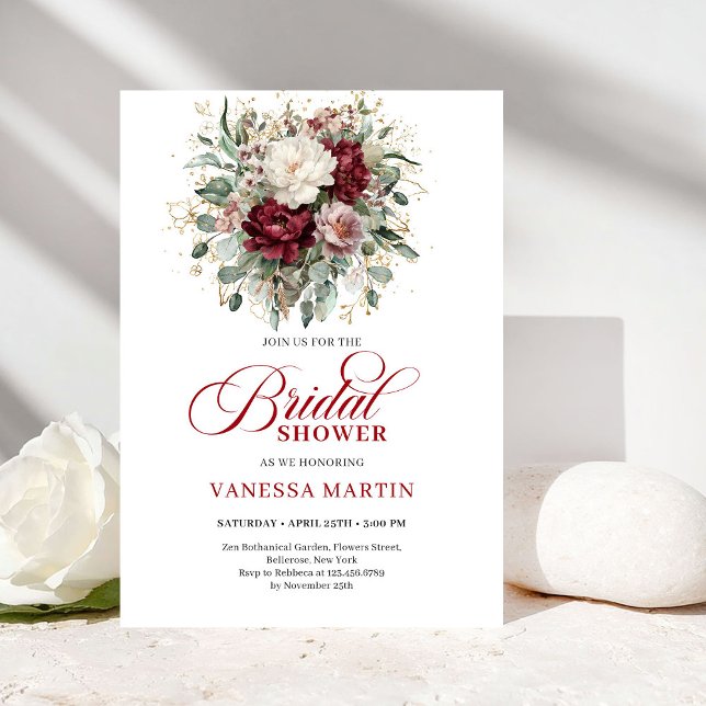 Invitation Carton d'invitation de fiançailles romantique marr (Romantic Maroon & Gold Bridal Shower Invitation)