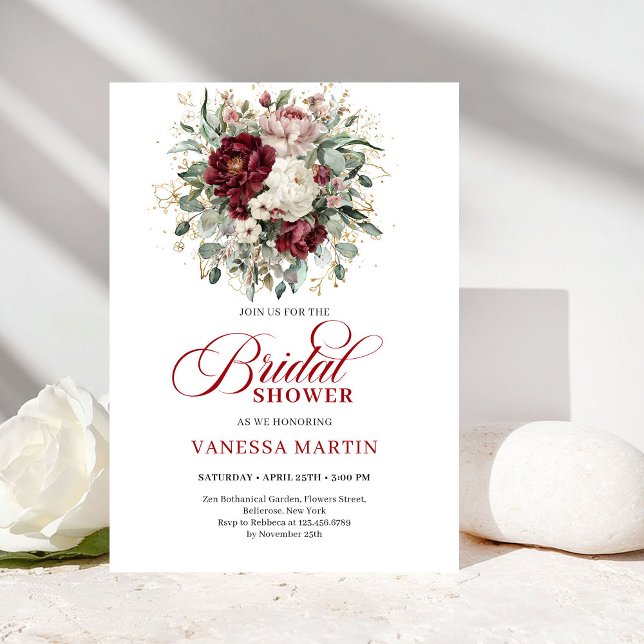Invitation Carton d'invitation de fiançailles romantique Mars (Romantic Marsala & Gold Bridal Shower Invitation)