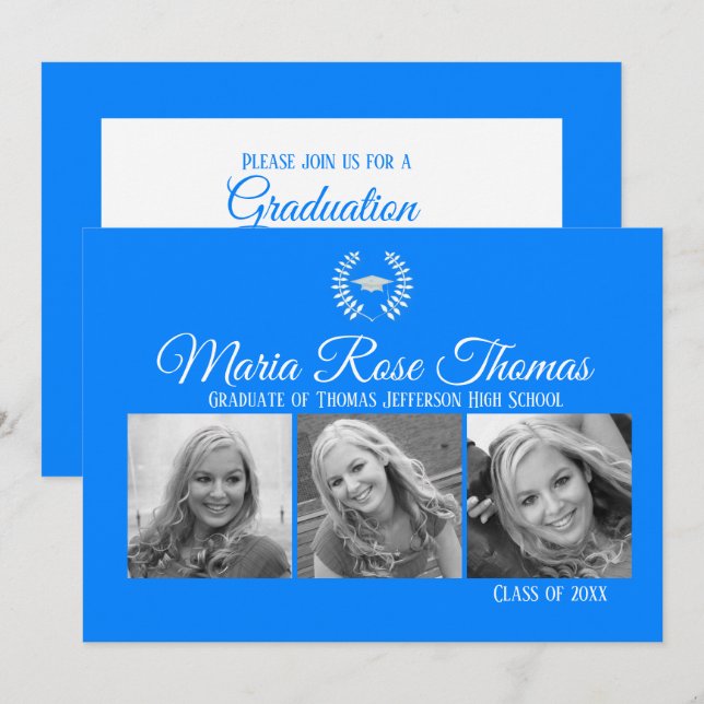 Invitation Carton d'invitation de graduation Azure Cap & Leav (Devant / Derrière)