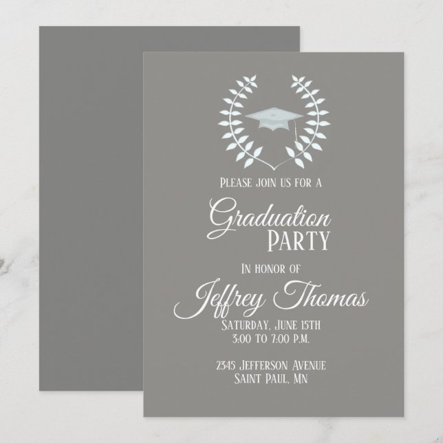 Invitation Carton d'invitation de graduation Cap & Feuilles G (Devant / Derrière)