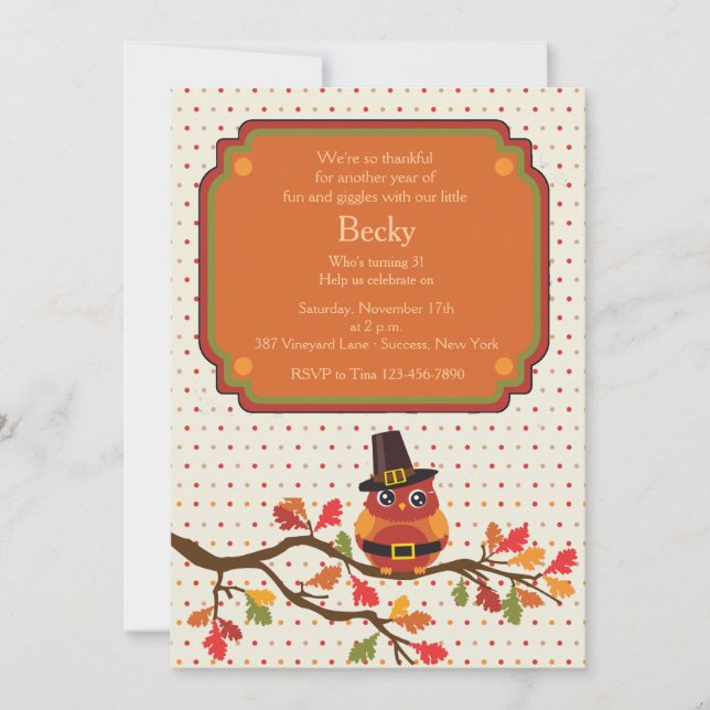 Invitation Carton d'invitation de la chouette de Thanksgiving (Devant)