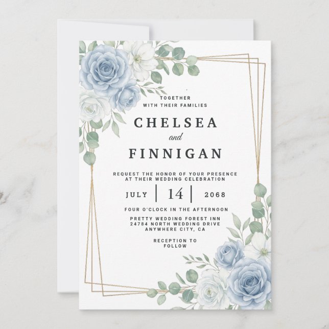 Invitation Carton d'invitation de mariage à cadre doré et fle (Devant)