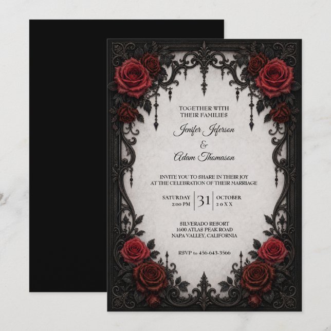 Invitation Carton d'invitation de mariage à dentelle noir rou (Devant / Derrière)