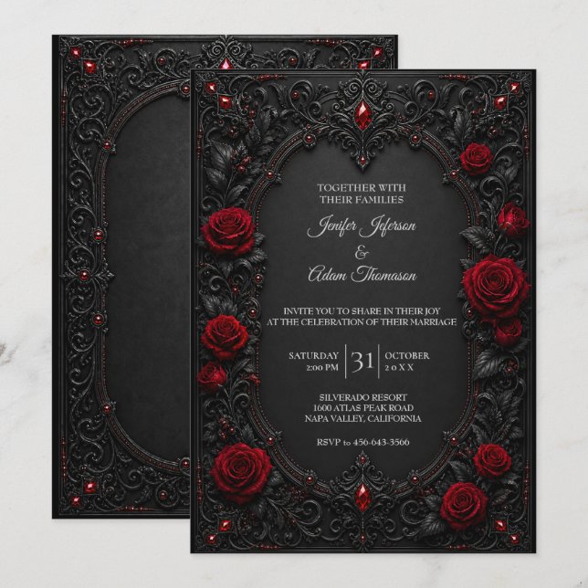 Invitation Carton d'invitation de mariage à dentelle noir rou (Devant / Derrière)