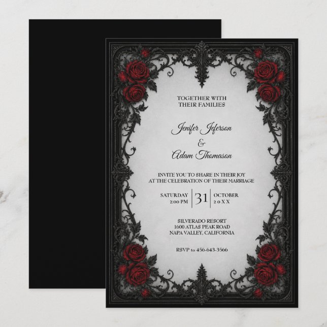 Invitation Carton d'invitation de mariage à dentelle noir rou (Devant / Derrière)
