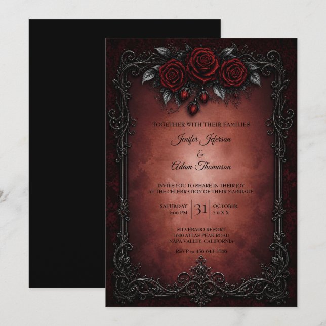 Invitation Carton d'invitation de mariage à dentelle noir rou (Devant / Derrière)