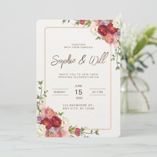 Invitation Carton d'invitation de mariage à fleur rouge foncé (Debout devant)