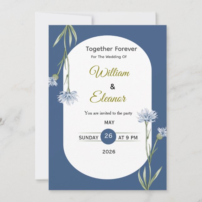Invitation Carton d'invitation de mariage à fleurs bleues élé (Devant)