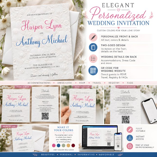 Invitation Carton d'invitation de mariage à fleurs de couleur (Custom Color White Floral Wedding Invitation, all-in-one with details on the back.)