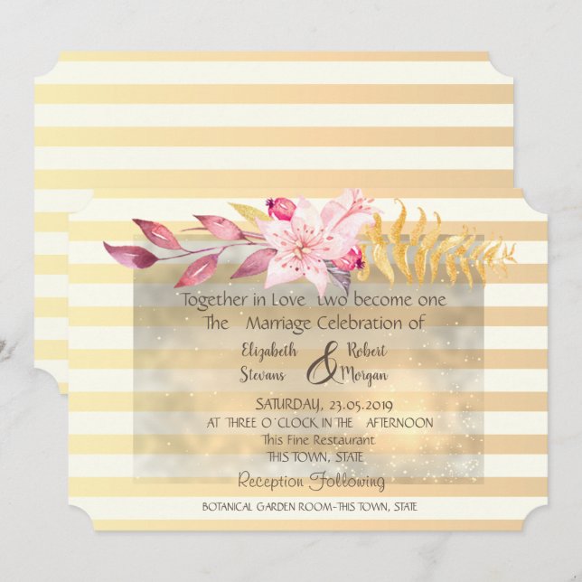 Invitation Carton d'invitation de mariage à fleurs rayées chi (Devant / Derrière)