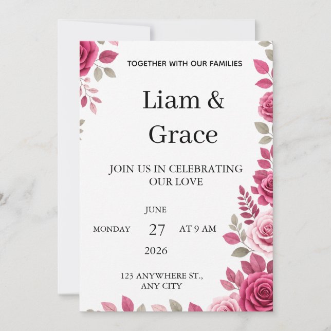 Invitation Carton d'invitation de mariage à fleurs roses (Devant)