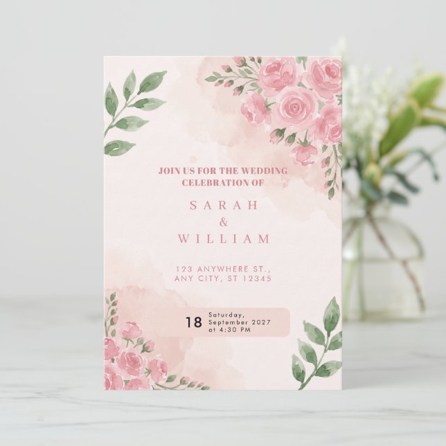 Invitation Carton d'invitation de mariage à l'aquarelle rose  (Debout devant)