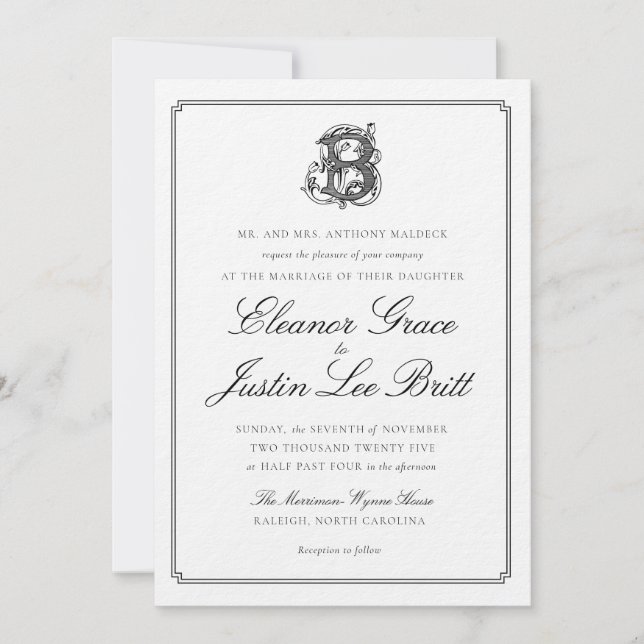 Invitation Carton d'invitation de mariage à monogramme "B" no (Devant)