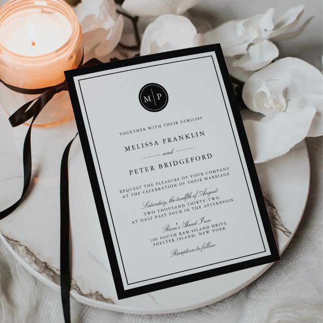 Invitation Carton d'invitation de mariage à monogramme noir e (Créateur téléchargé)