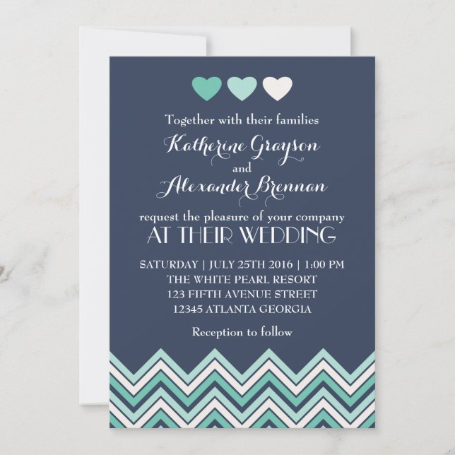 Invitation Carton d'invitation de mariage à motif chevron ble (Devant)