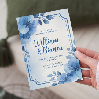 Invitation Carton d'invitation de mariage à motif floral bleu