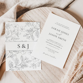 Invitation Carton d'invitation de mariage à motif floral noir