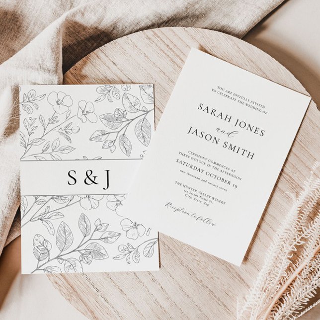 Invitation Carton d'invitation de mariage à motif floral noir (Créateur téléchargé)