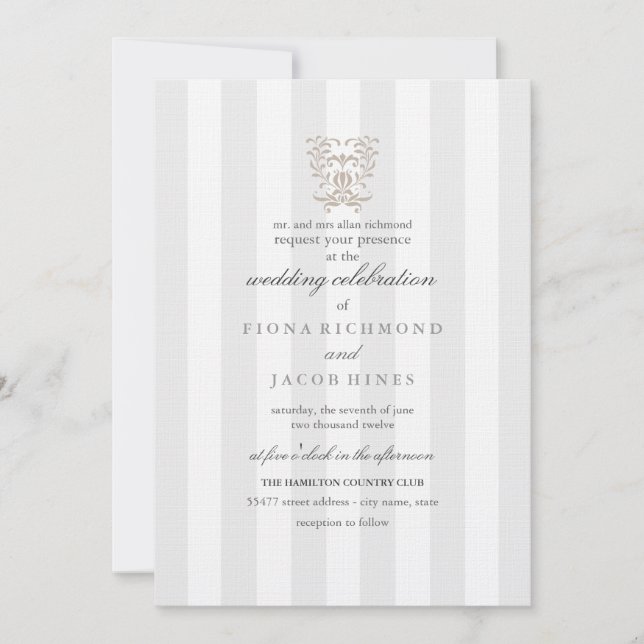 Invitation Carton d'invitation de mariage à rayures grises et (Devant)