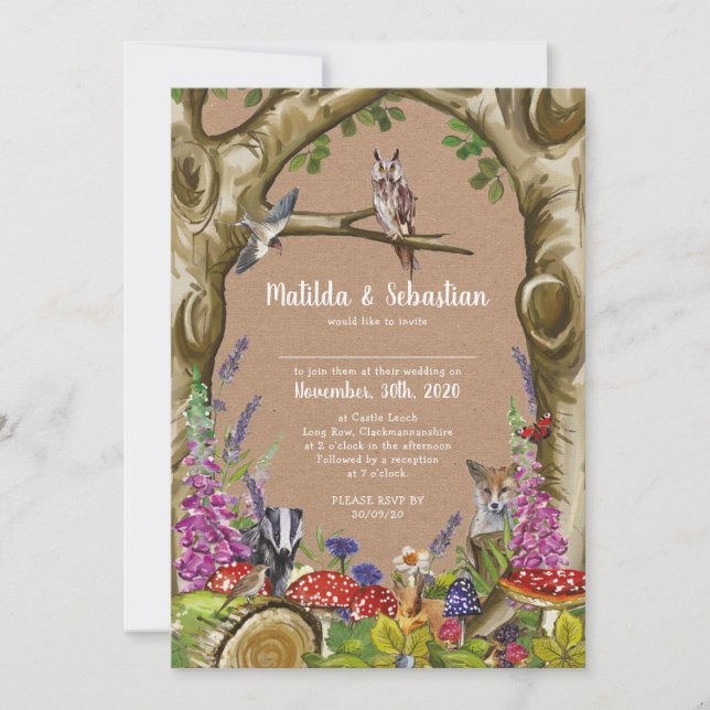Invitation Carton d'invitation de mariage Animaux de la forêt (Devant)