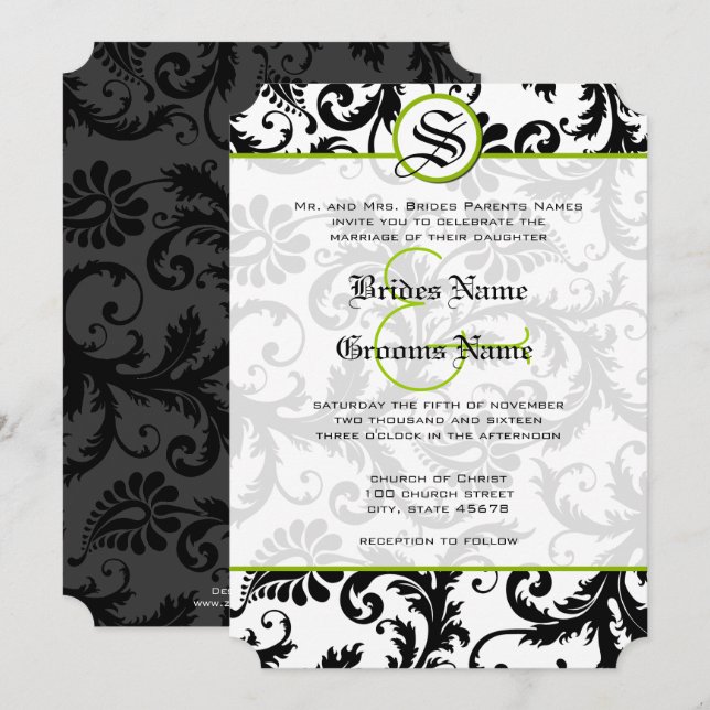 Invitation Carton d'invitation de mariage Apple Green Damask  (Devant / Derrière)